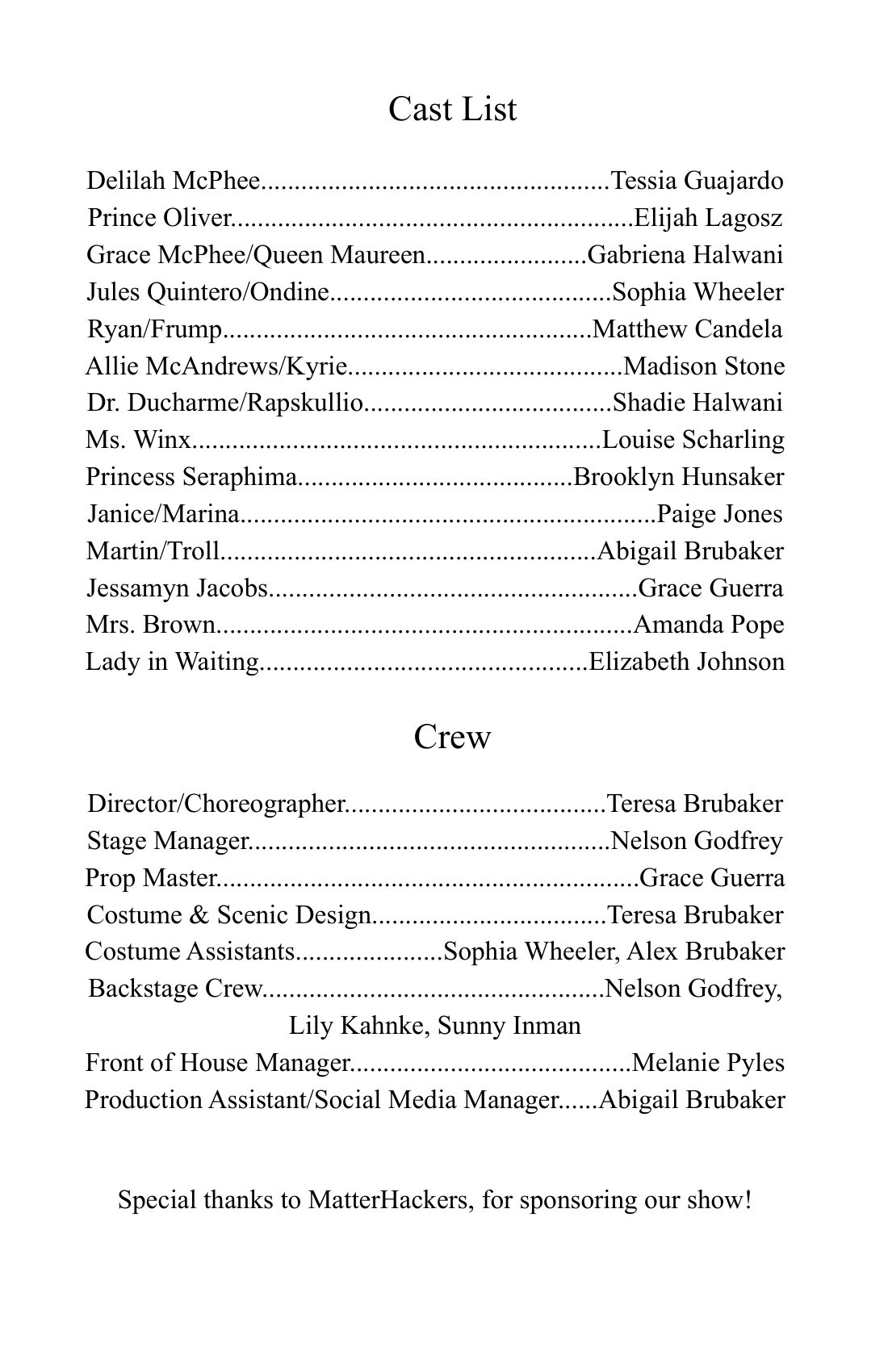 Playbill page 3 — cast and crew